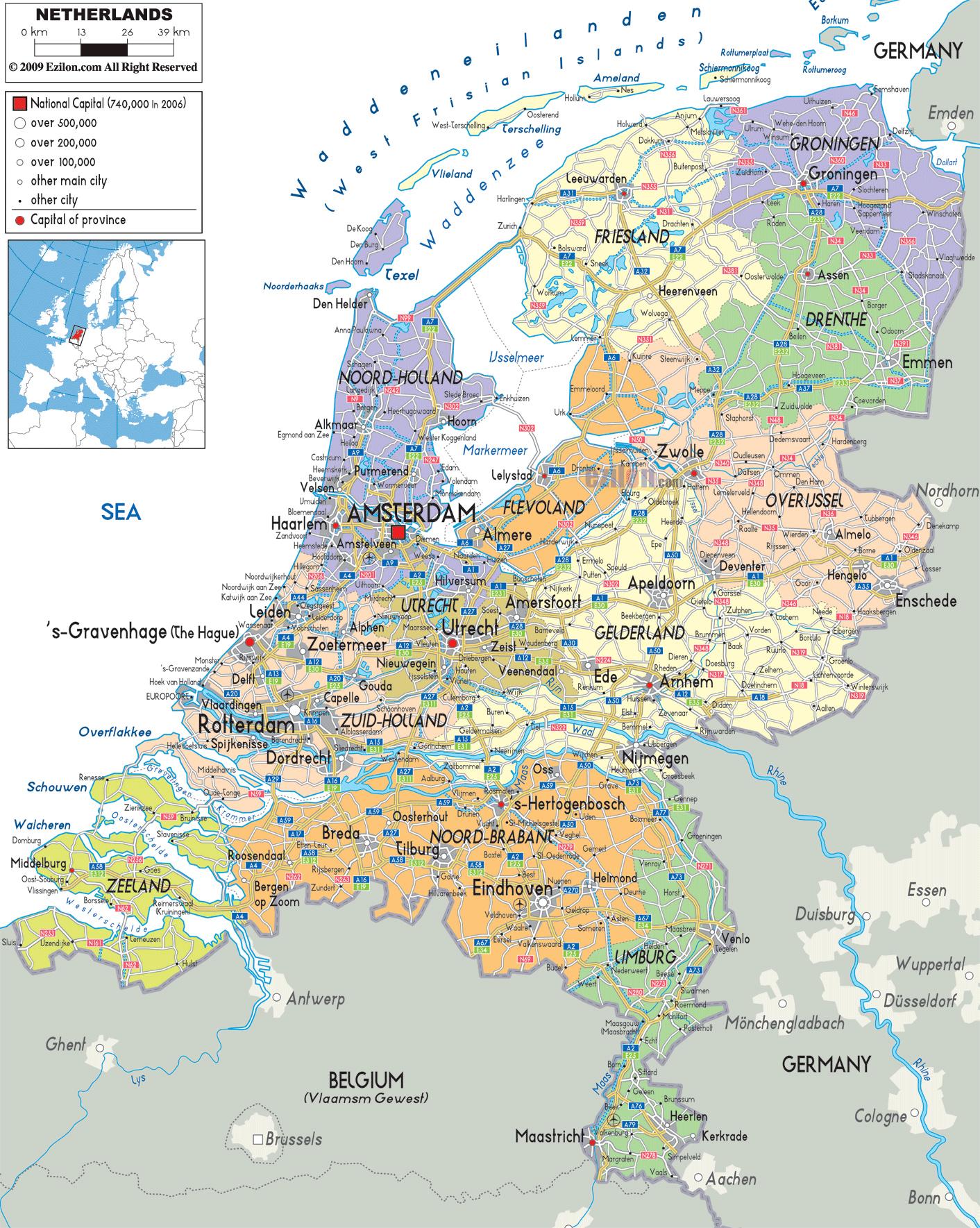 Holland Landkarte mit Städte - Karte von Holland mit den Städten (West-Europa, Europa)