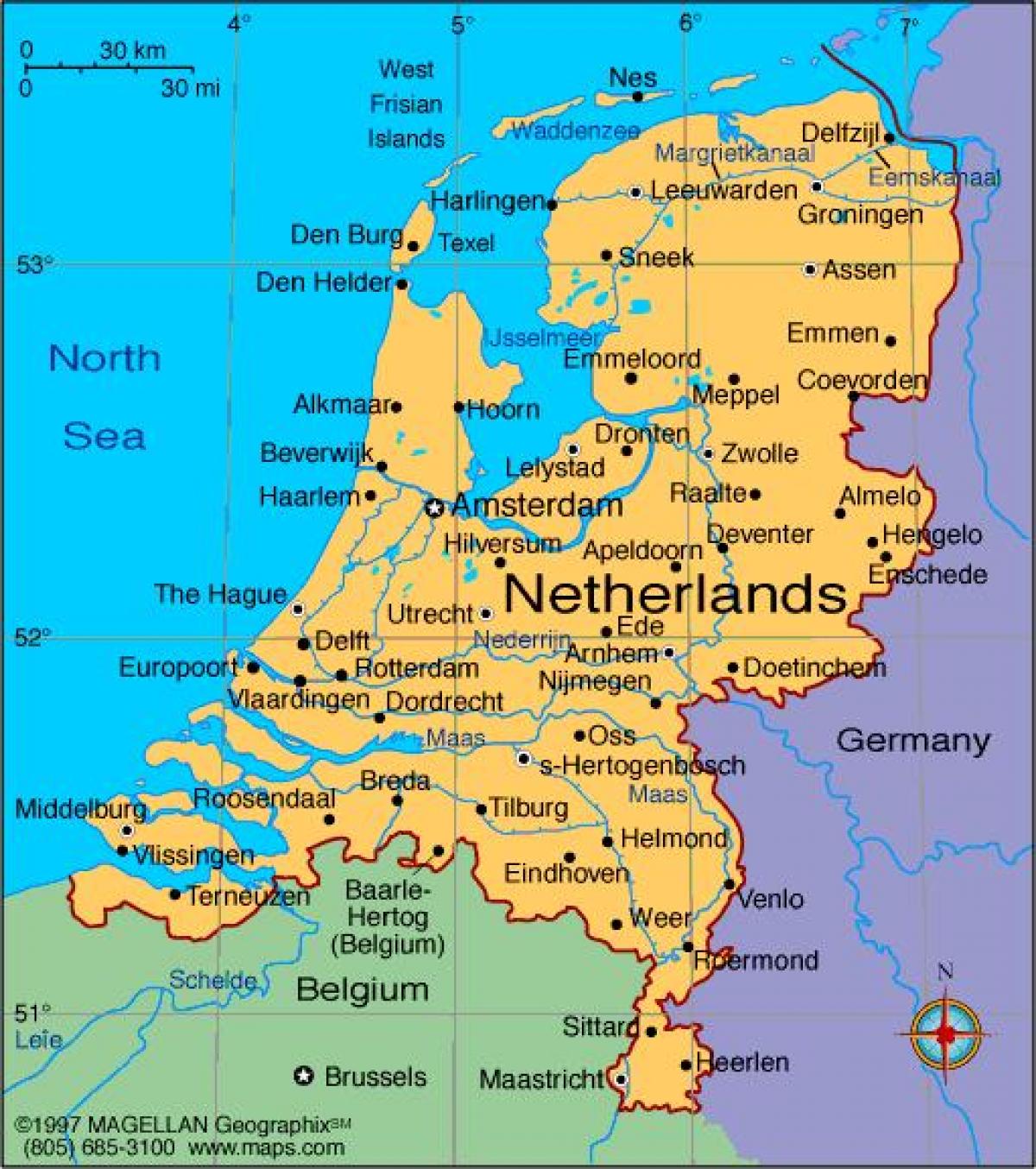 Niederlande Städte-map - Karte von Niederlande mit den Städten (West